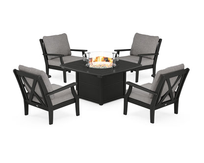 POLYWOOD® Braxton 5-Piece Deep Seating Conversation Set with Fire Pit Table in Black / Grey Mist