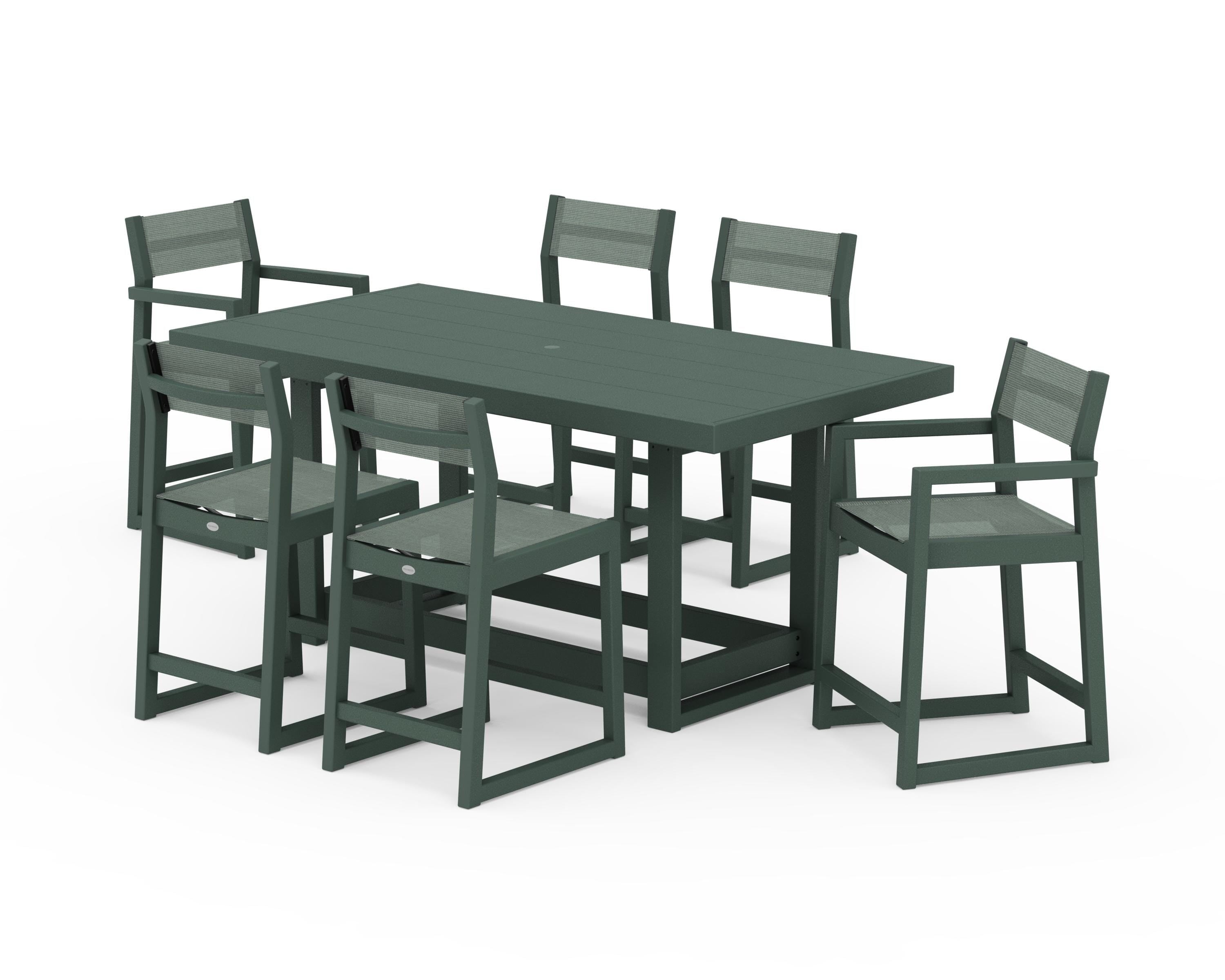 POLYWOOD® EDGE Sling 7-Piece Counter Table Set in Green / Dupioni Sea Mist Sling