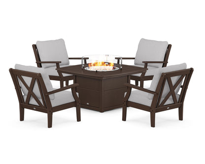 POLYWOOD® Braxton 5-Piece Deep Seating Conversation Set with Fire Pit Table in Mahogany / Granite