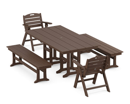 POLYWOOD® Nautical Lowback 5-Piece Farmhouse Dining Set with Benches in Mahogany