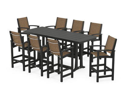 POLYWOOD® Coastal 9-Piece Farmhouse Bar Set with Trestle Legs in Black / Burlap Sling