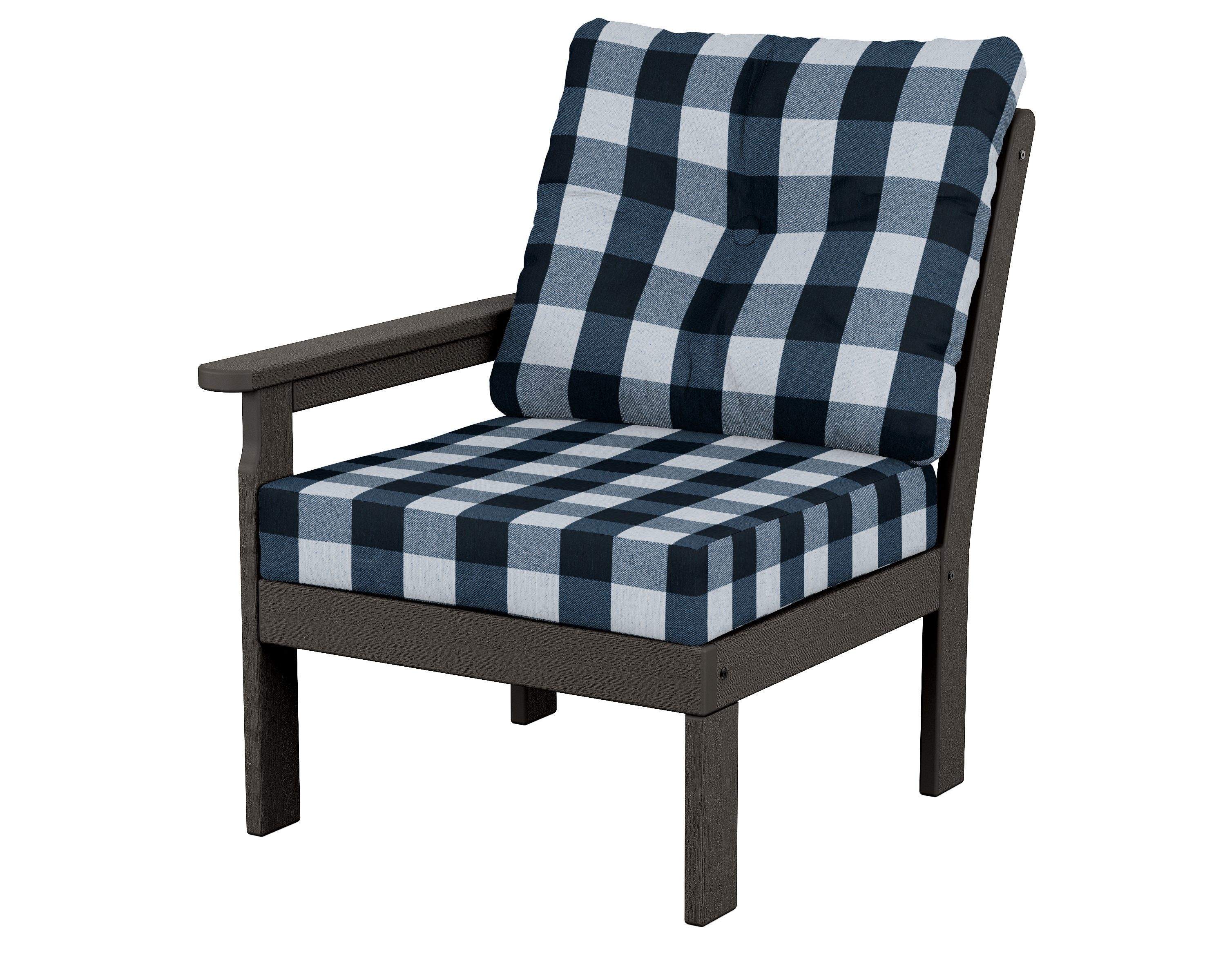 POLYWOOD® Vineyard Modular Left Arm Chair in Vintage Coffee / Buffalo Plaid Marine Indigo