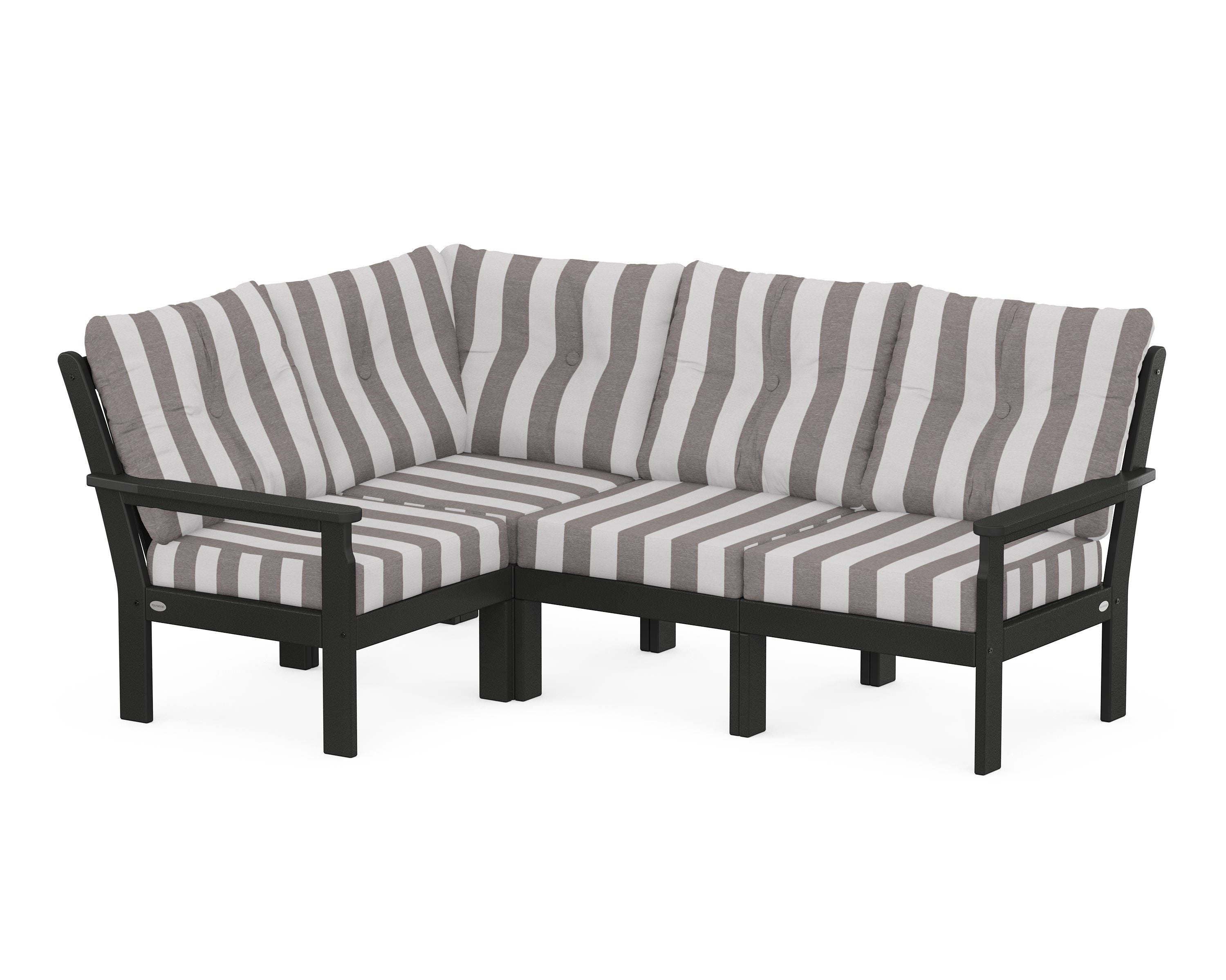 POLYWOOD® Vineyard 4-Piece Sectional in Black / Cabana Stripe Grey Mist