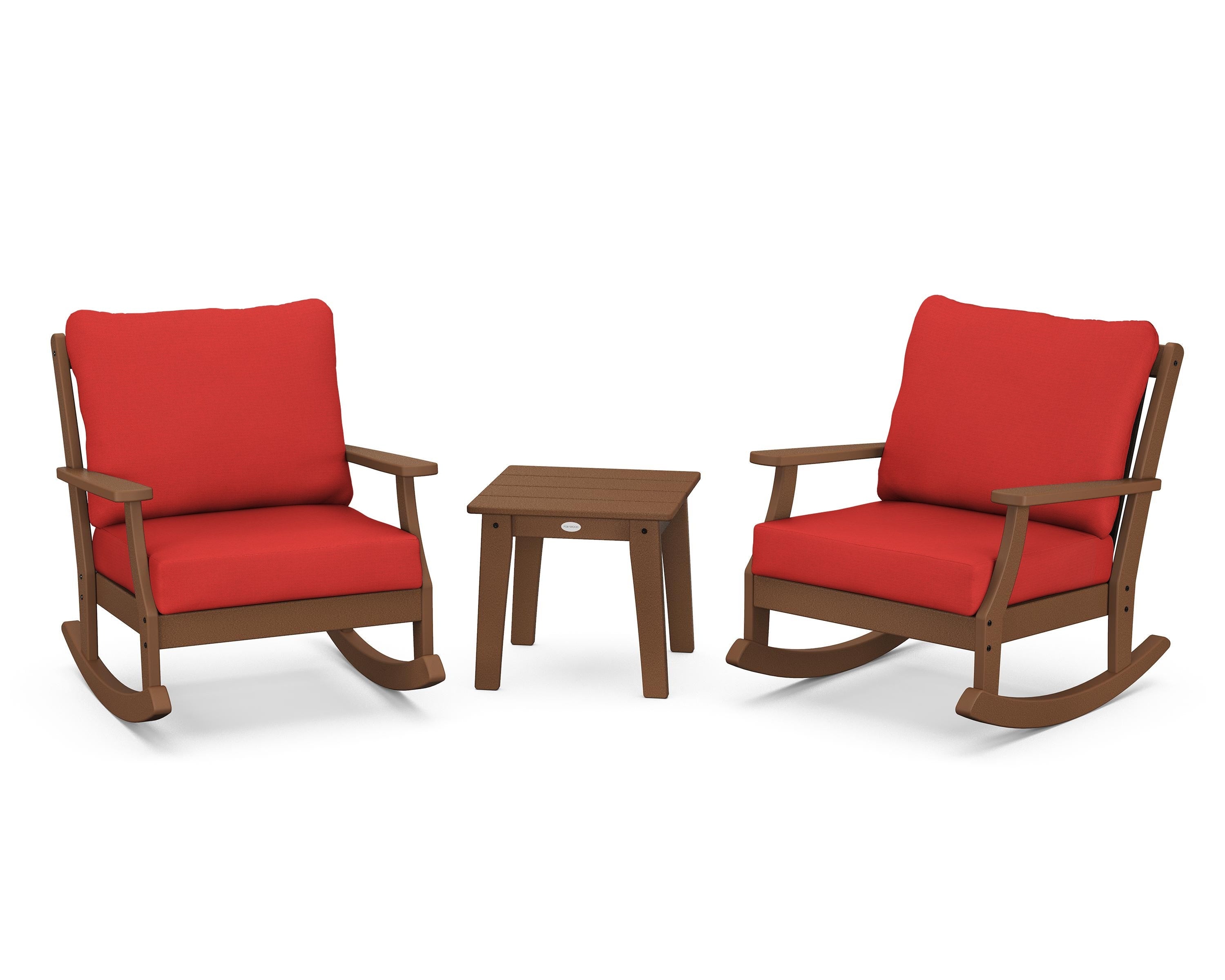 POLYWOOD® Braxton 3-Piece Deep Seating Rocker Set in Teak / Crimson Linen