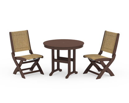 POLYWOOD® Coastal Folding Side Chair 3-Piece Round Dining Set in Mahogany / Burlap Sling