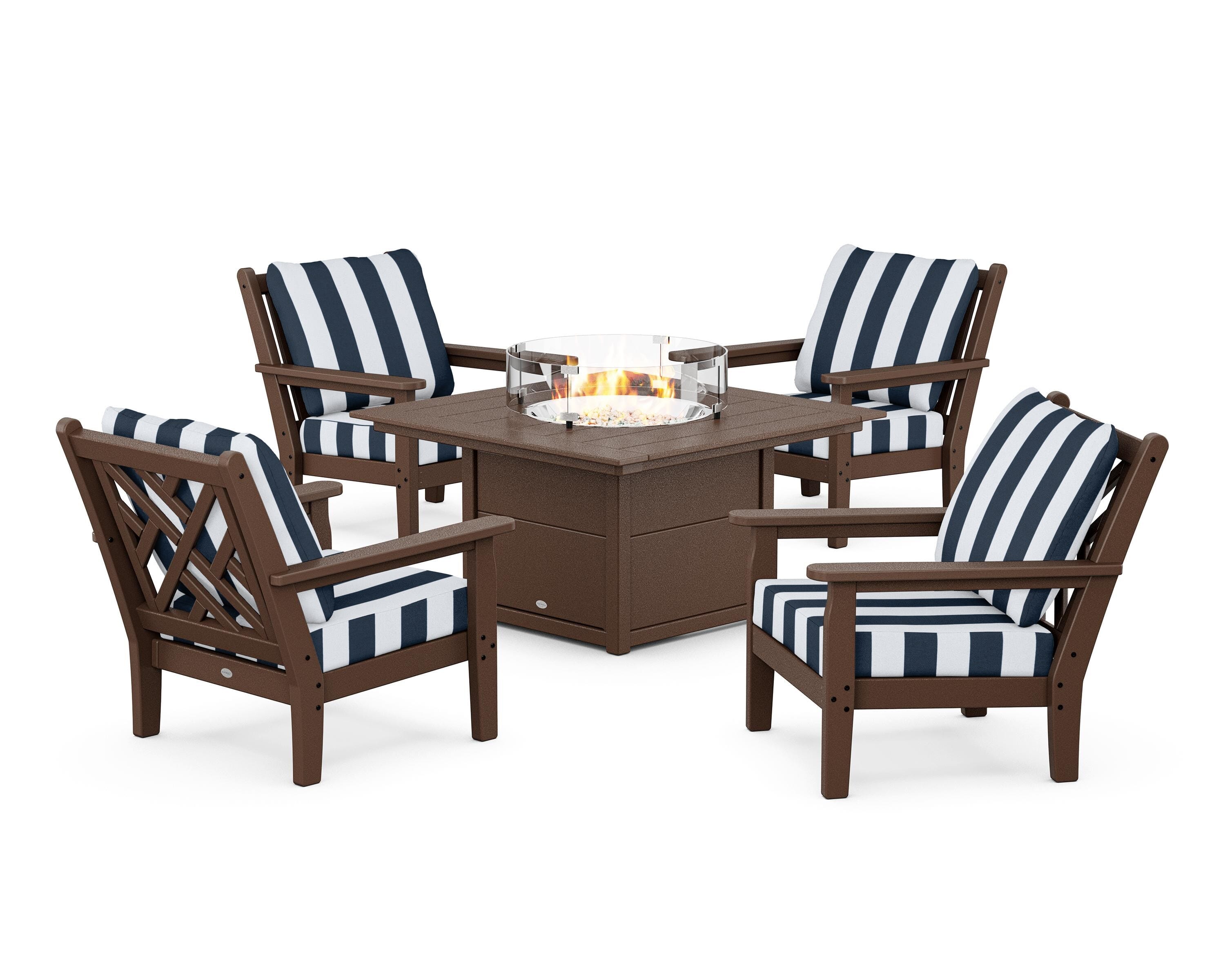 POLYWOOD® Chippendale 5-Piece Deep Seating Set with Fire Pit Table in Mahogany / Cabana Stripe Marine Indigo