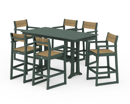 POLYWOOD® EDGE Sling Arm Chair 7-Piece Farmhouse Bar Set with Trestle Legs in Green / Burlap Sling