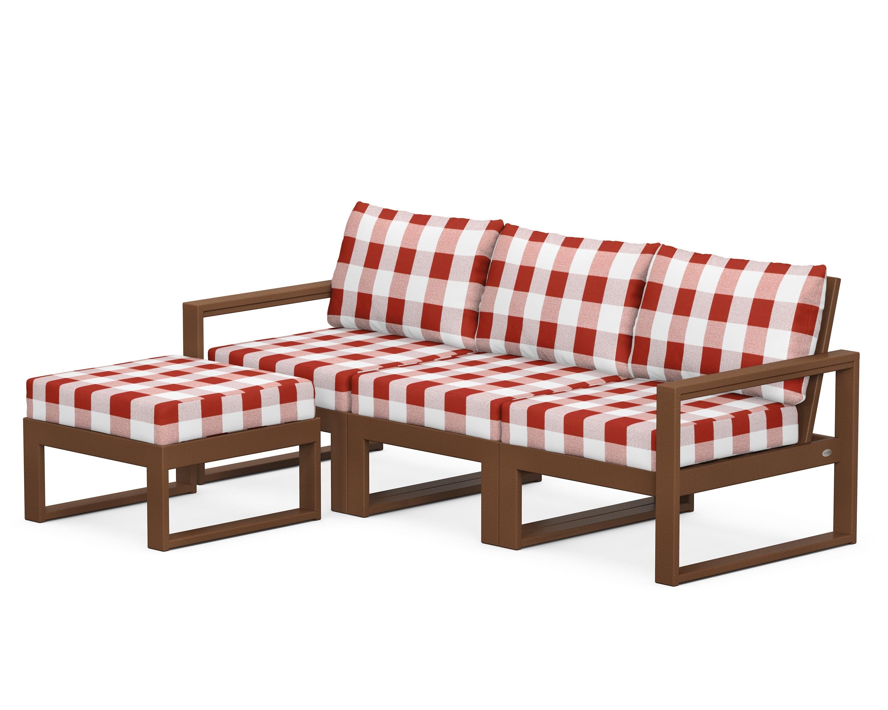 POLYWOOD® EDGE 4-Piece Modular Deep Seating Set with Ottoman in Teak / Buffalo Plaid Crimson