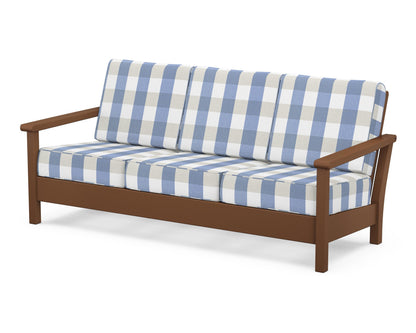 POLYWOOD® Harbour Deep Seating Sofa in Teak / Buffalo Plaid Sky Blue