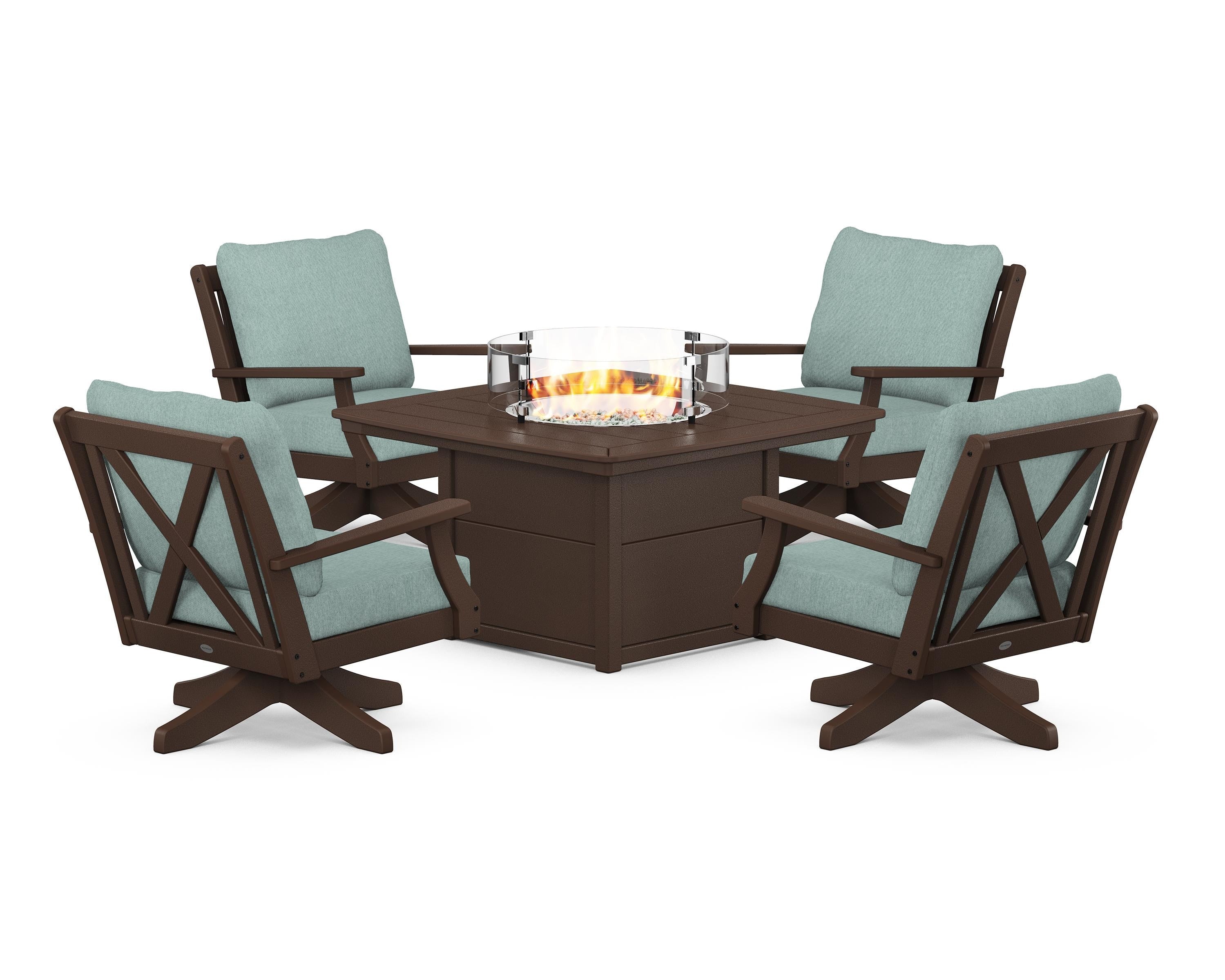 POLYWOOD® Braxton 5-Piece Deep Seating Swivel Conversation Set with Fire Pit Table in Mahogany / Glacier Spa