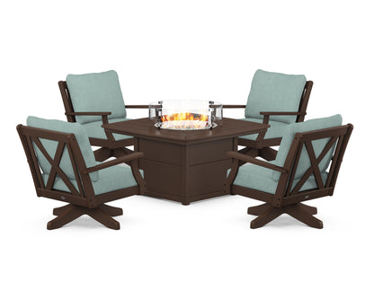 POLYWOOD® Braxton 5-Piece Deep Seating Swivel Conversation Set with Fire Pit Table in Mahogany / Glacier Spa