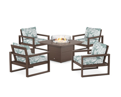 POLYWOOD® EDGE Sectional 5-Piece Deep Seating Set with Fire Pit Table in Mahogany / Leaf Glacier Spa