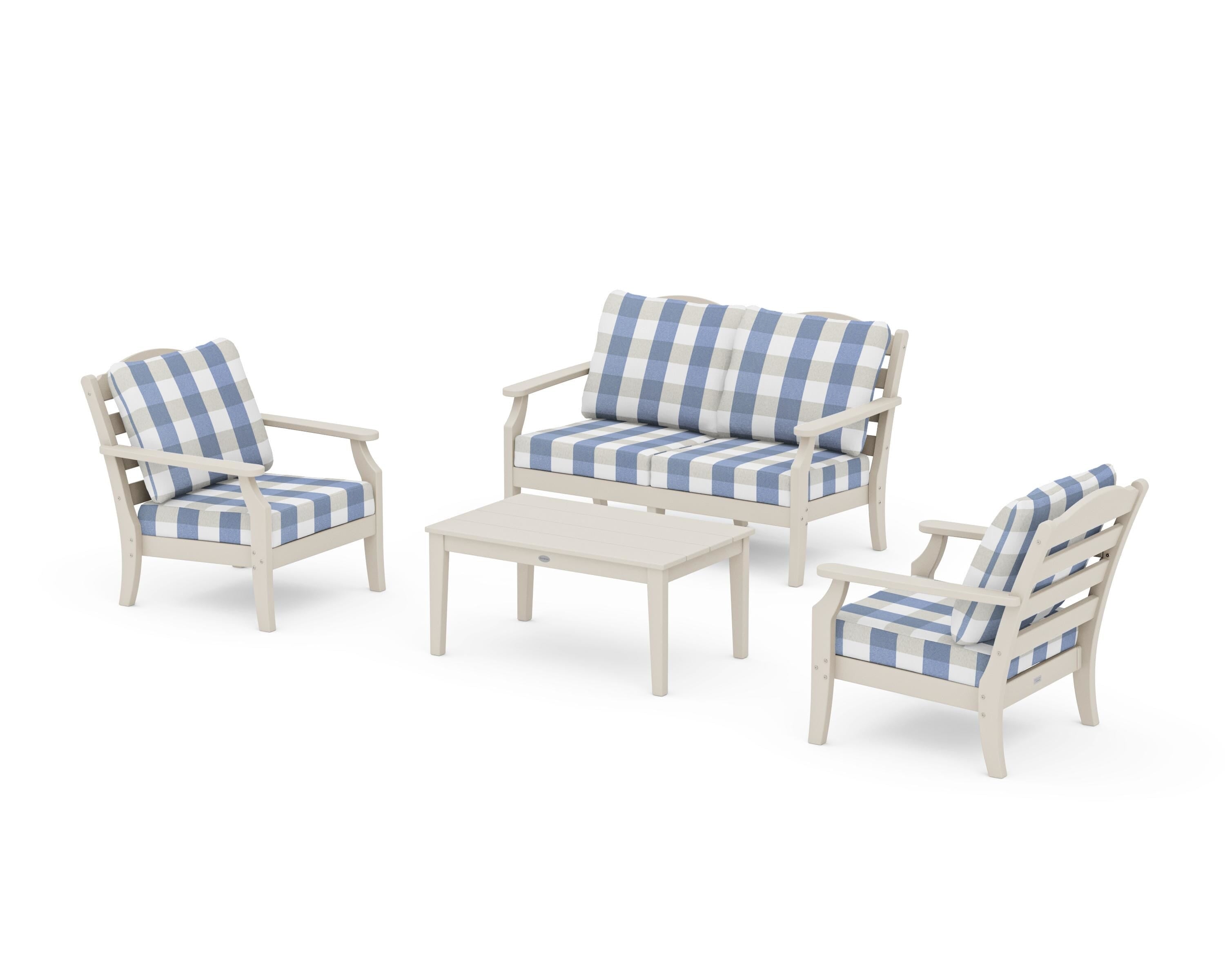 Draper James™ by  POLYWOOD® Savannah 4-Piece Deep Seating Set with Loveseat in Sand / Buffalo Plaid Sky Blue
