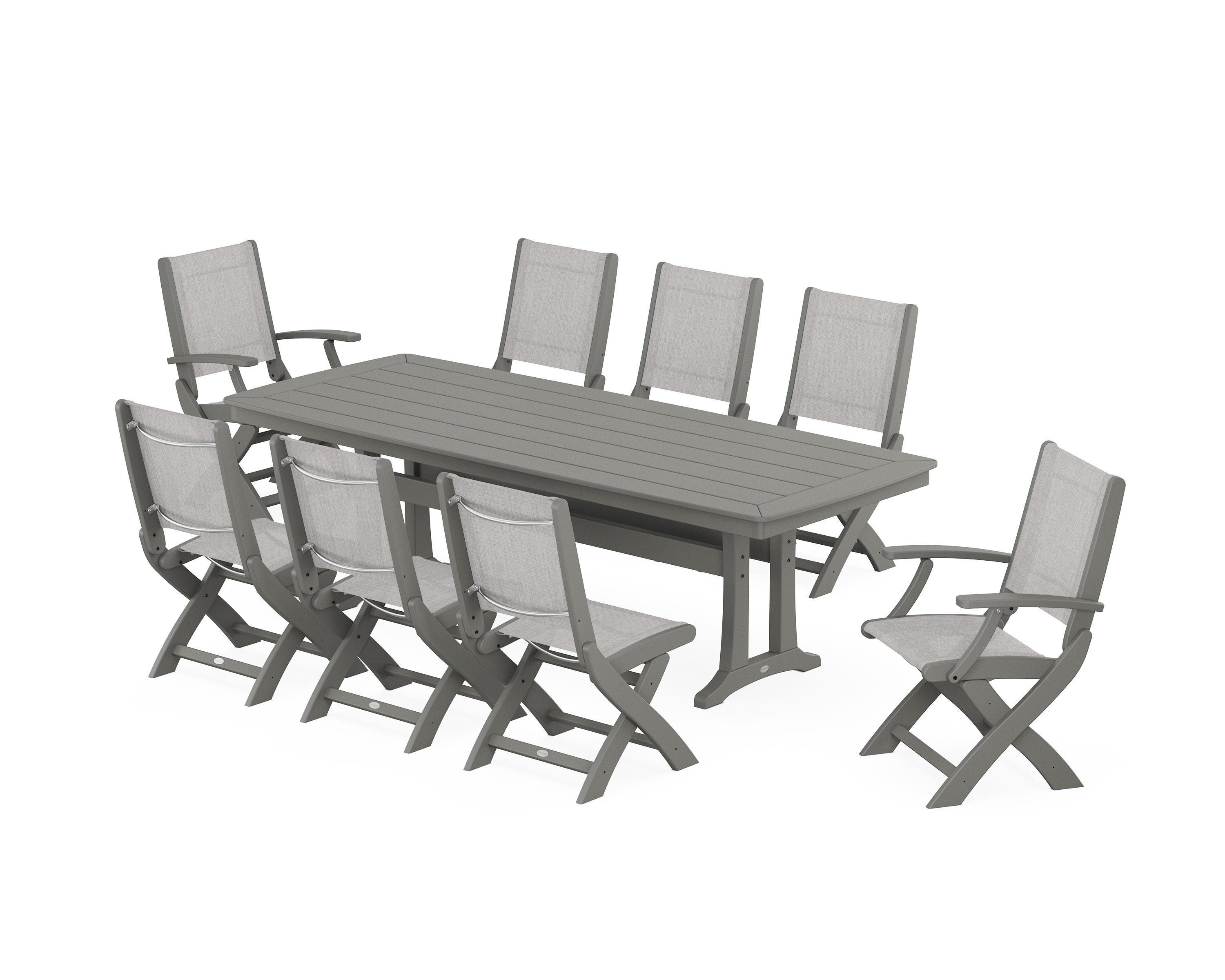 POLYWOOD® Coastal Folding 9-Piece Dining Set with Trestle Legs in Slate Grey / Parchment Sling