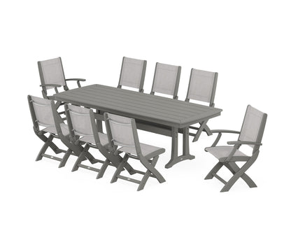 POLYWOOD® Coastal Folding 9-Piece Dining Set with Trestle Legs in Slate Grey / Parchment Sling