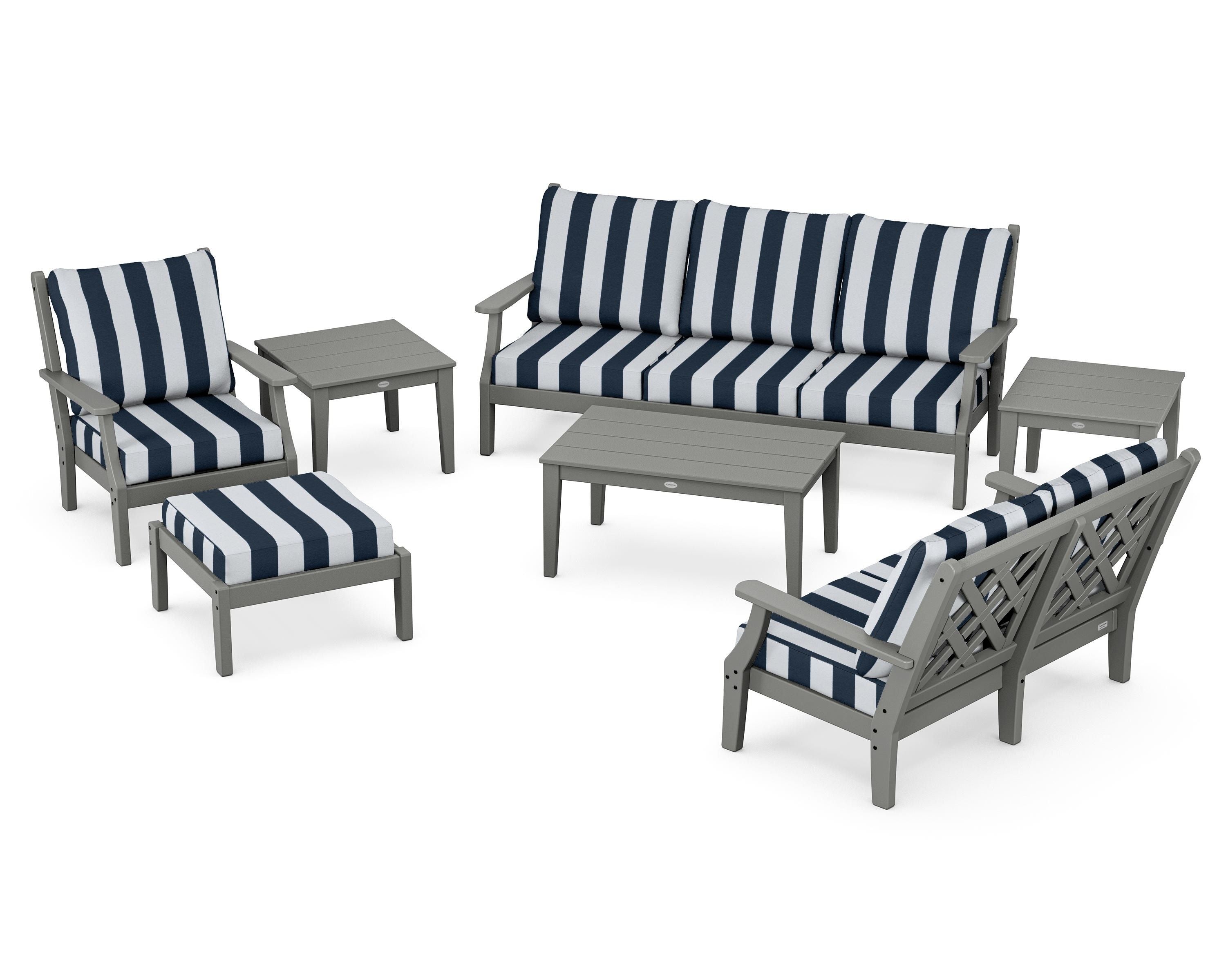 Country Living Wovendale 7-Piece Deep Seating Set in Slate Grey / Cabana Stripe Marine Indigo