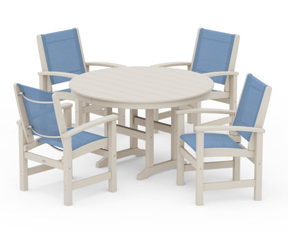 POLYWOOD® Coastal 5-Piece Round Farmhouse Dining Set in Sand / Poolside Sling