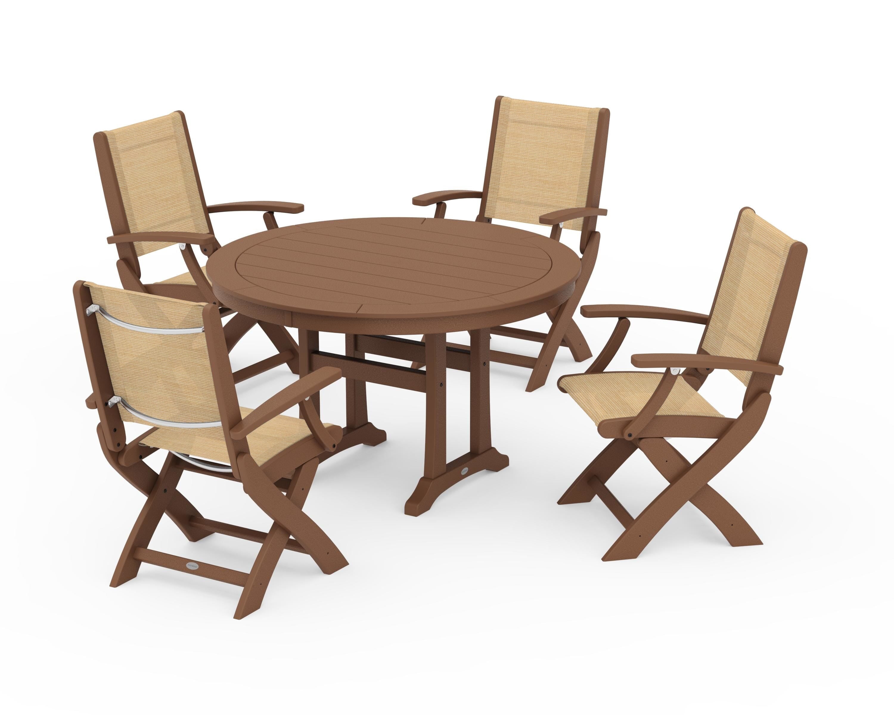 POLYWOOD® Coastal Folding Chair 5-Piece Round Dining Set with Trestle Legs in Teak / Dupioni Apricot Sling
