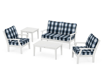POLYWOOD® Braxton 5-Piece Deep Seating Set in White / Buffalo Plaid Marine Indigo