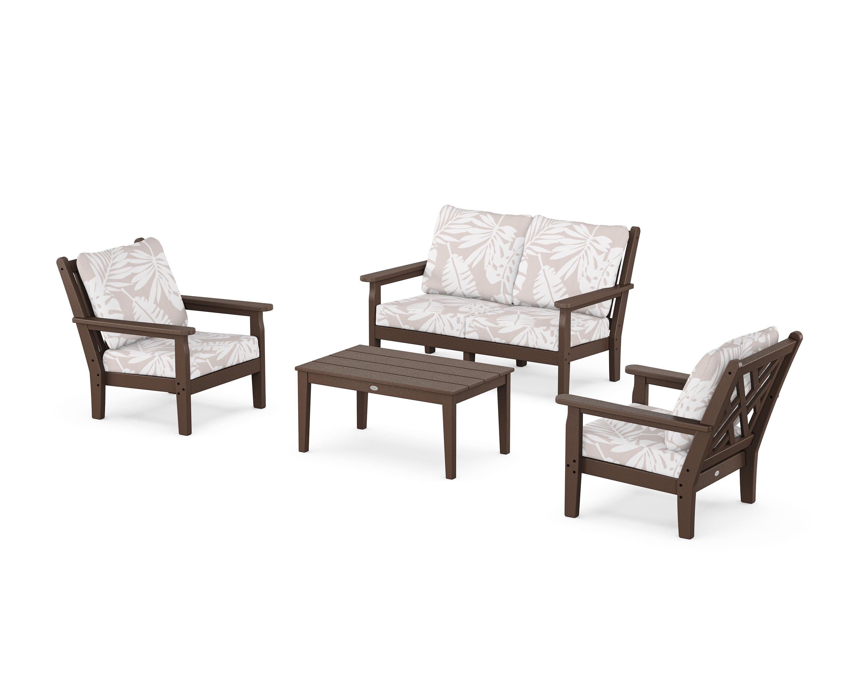 POLYWOOD® Chippendale 4-Piece Deep Seating Set with Loveseat in Mahogany / Leaf Dune Burlap