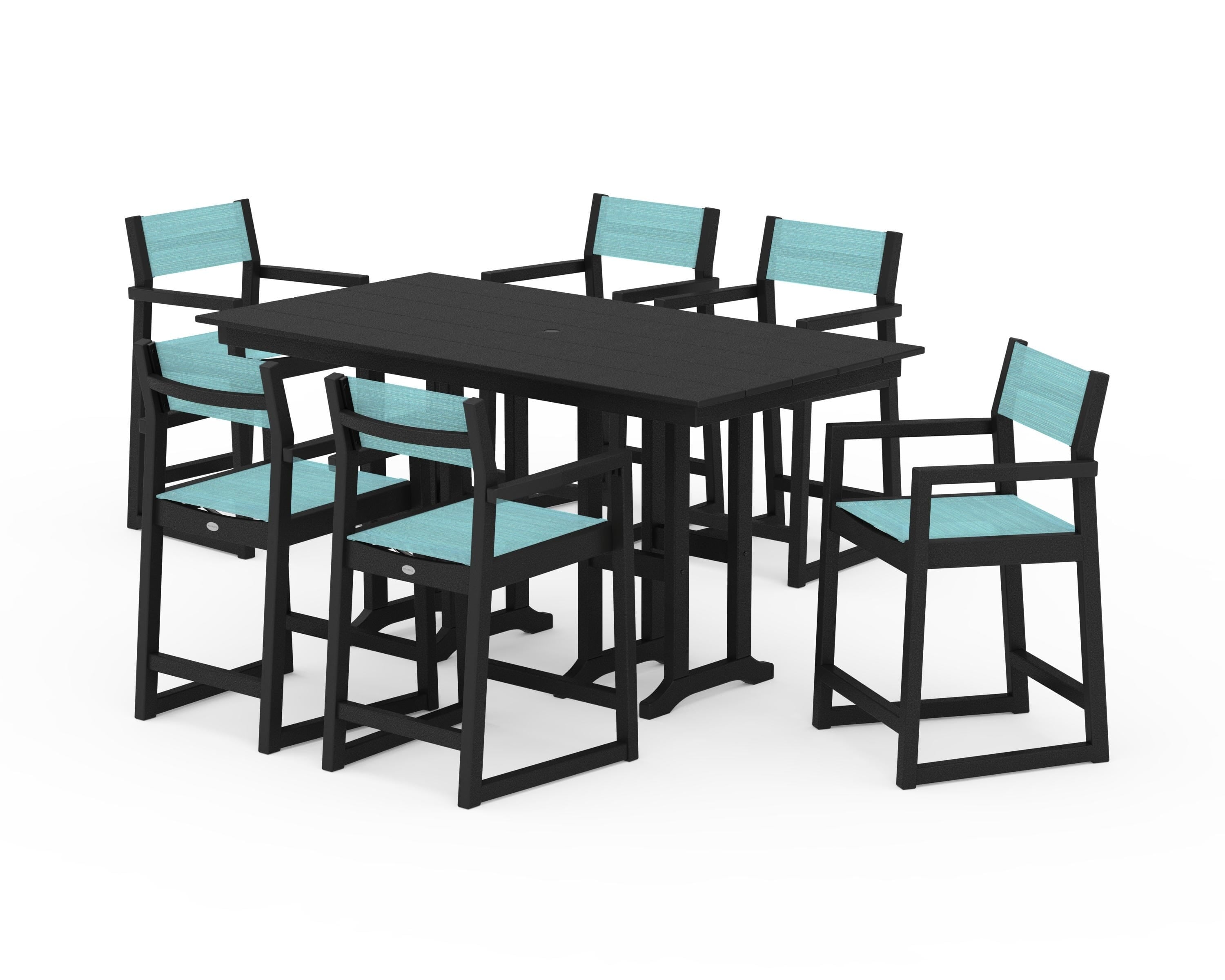 POLYWOOD® EDGE Sling Arm Chair 7-Piece Farmhouse Counter Set in Black / Dupioni Aquamarine Sling
