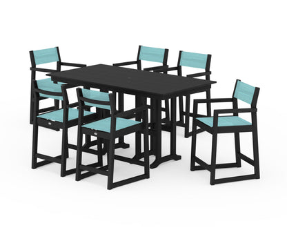 POLYWOOD® EDGE Sling Arm Chair 7-Piece Farmhouse Counter Set in Black / Dupioni Aquamarine Sling