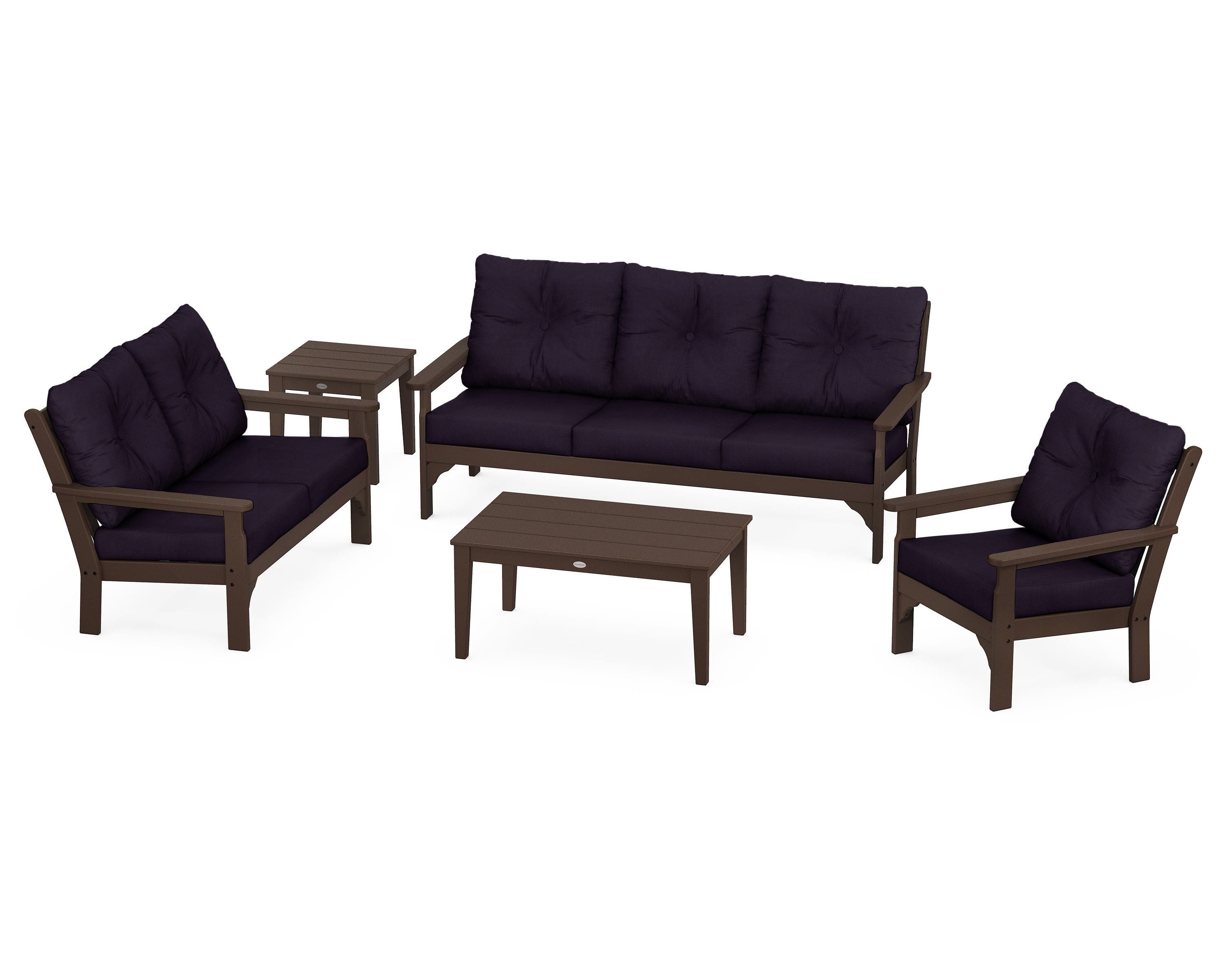 POLYWOOD® Vineyard 5 Piece Deep Seating Set in Mahogany / Navy Linen