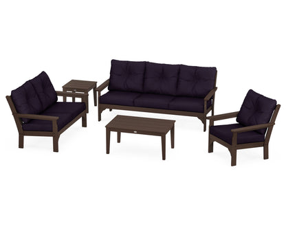 POLYWOOD® Vineyard 5 Piece Deep Seating Set in Mahogany / Navy Linen