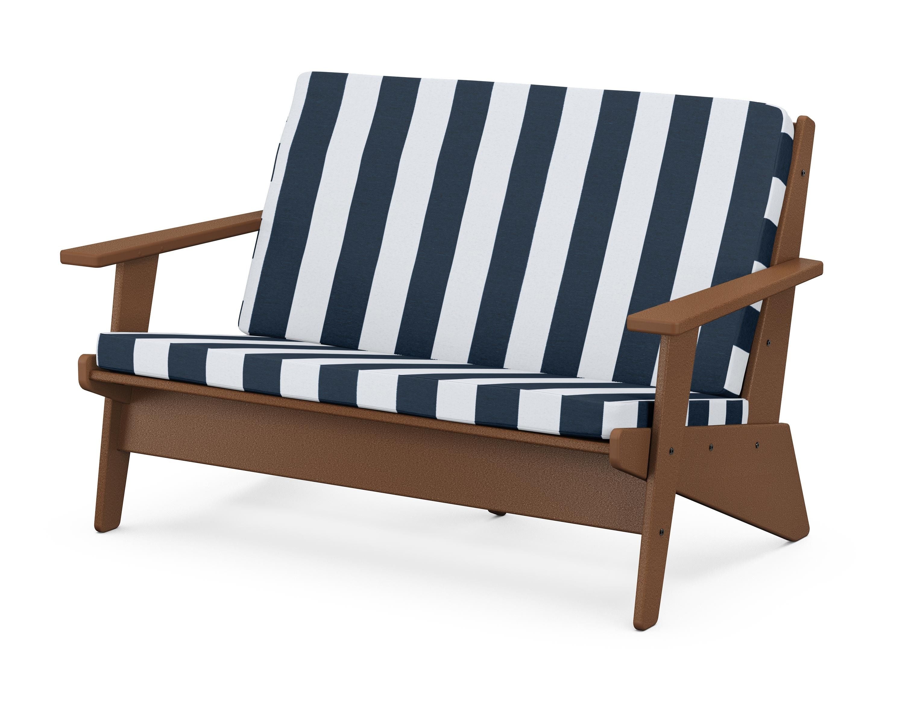 POLYWOOD® Riviera Modern Lounge Loveseat in Teak / Cabana Stripe Marine Indigo