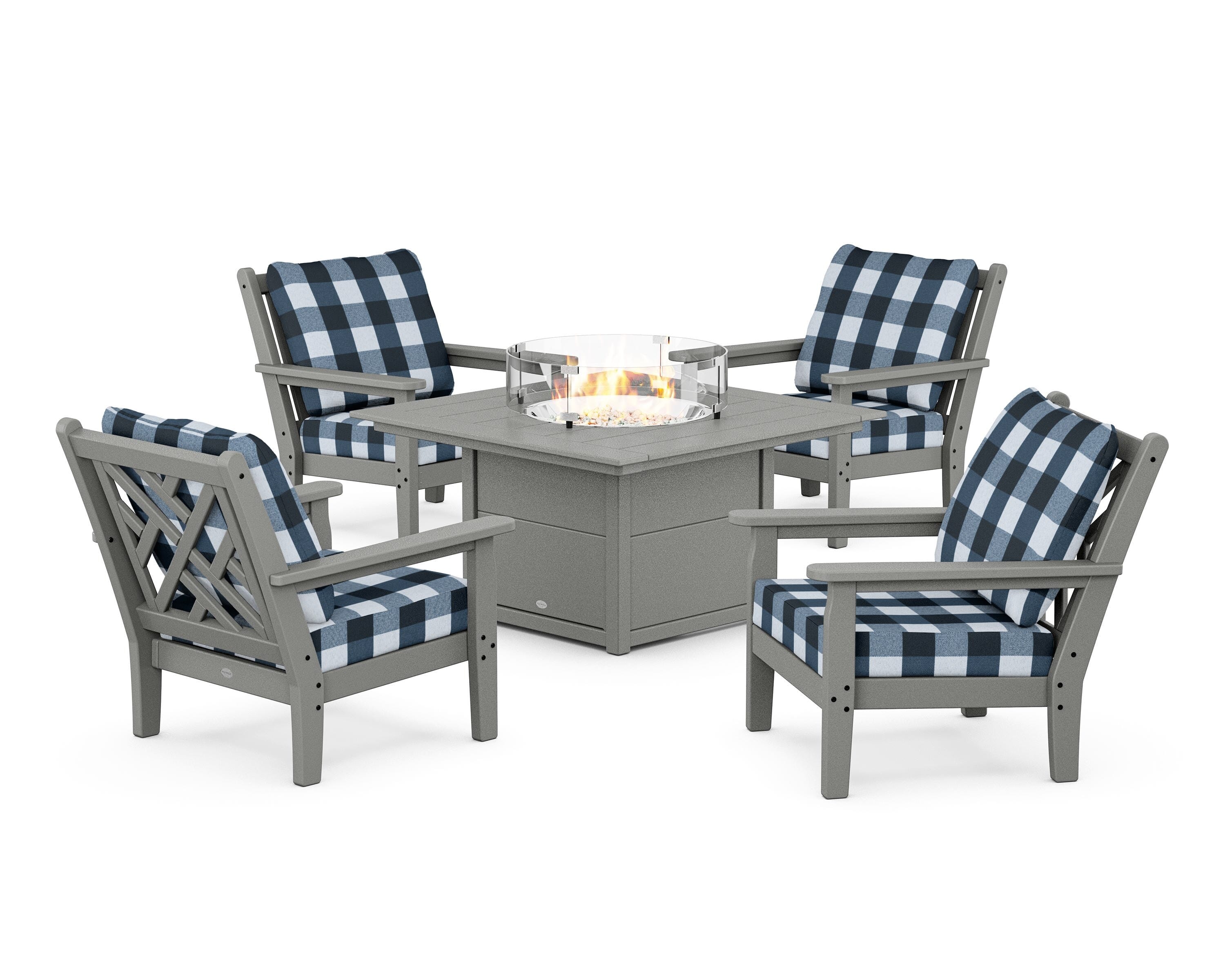 POLYWOOD® Chippendale 5-Piece Deep Seating Set with Fire Pit Table in Slate Grey / Buffalo Plaid Marine Indigo