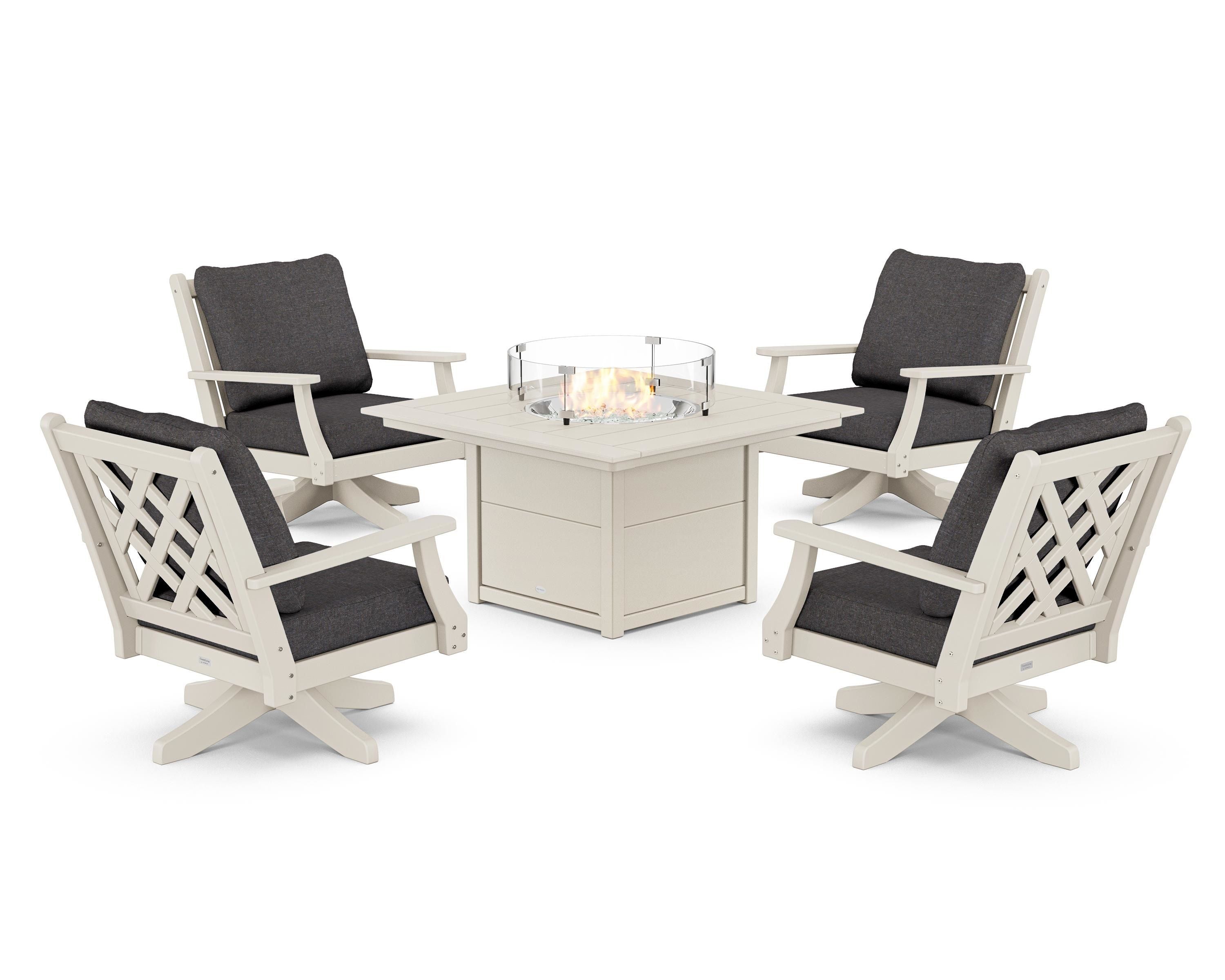 Country Living Wovendale 5-Piece Deep Seating Swivel Conversation Set with Fire Pit Table in Sand / Ash Charcoal
