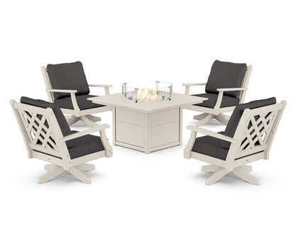 Country Living Wovendale 5-Piece Deep Seating Swivel Conversation Set with Fire Pit Table in Sand / Ash Charcoal