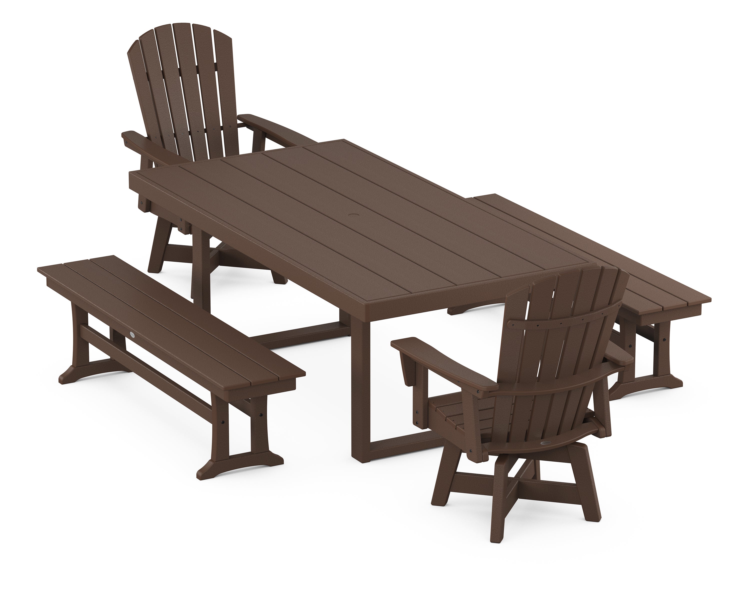 POLYWOOD® Nautical Curveback Adirondack Swivel Chair 5-Piece Dining Set with Benches in Mahogany