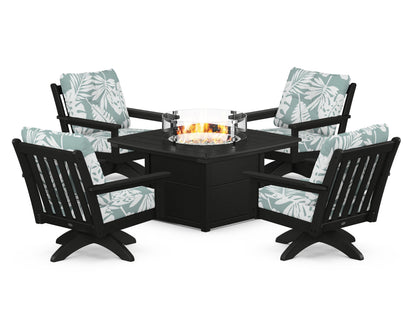 POLYWOOD® Vineyard 5-Piece Deep Seating Swivel Conversation Set with Fire Pit Table in Black / Leaf Glacier Spa