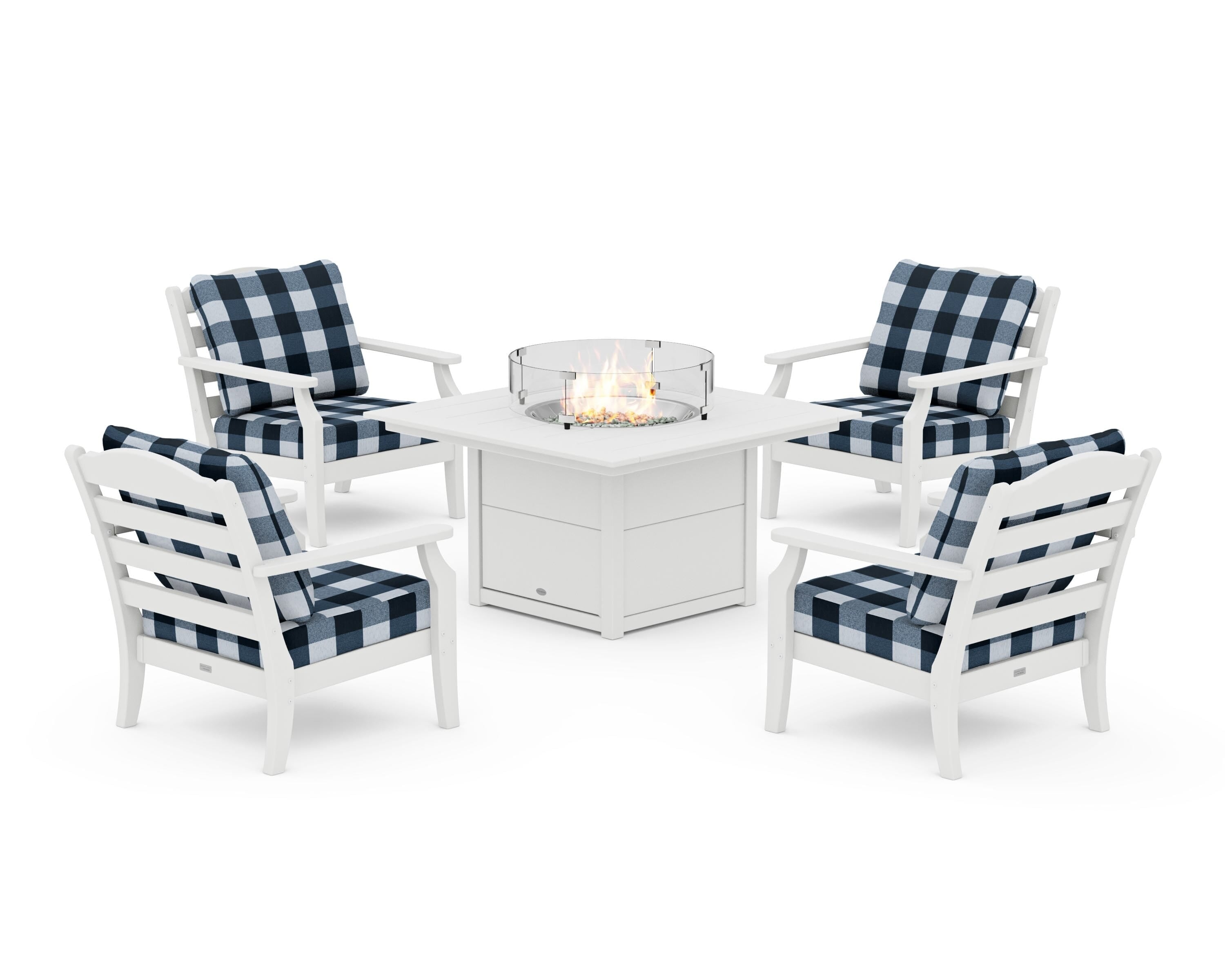 Draper James™ by  POLYWOOD® Savannah 5-Piece Deep Seating Set with Fire Pit Table in White / Buffalo Plaid Marine Indigo