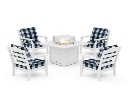 Draper James™ by  POLYWOOD® Savannah 5-Piece Deep Seating Set with Fire Pit Table in White / Buffalo Plaid Marine Indigo