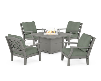 Martha Stewart by POLYWOOD® Chinoiserie 5-Piece Deep Seating Set with Fire Pit Table in Slate Grey / Cast Sage