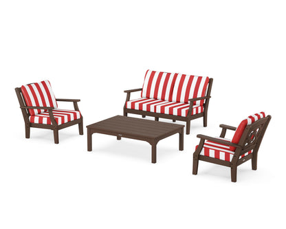 Martha Stewart by POLYWOOD® Chinoiserie 4-Piece Deep Seating Set with Loveseat in Mahogany / Cabana Stripe Crimson
