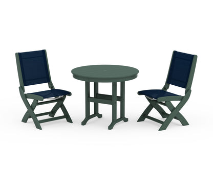 POLYWOOD® Coastal Folding Side Chair 3-Piece Round Dining Set in Green / Navy Blue Sling