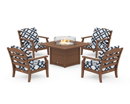 Draper James™ by  POLYWOOD® Savannah 5-Piece Deep Seating Set with Fire Pit Table in Teak / Trellis Marine Indigo