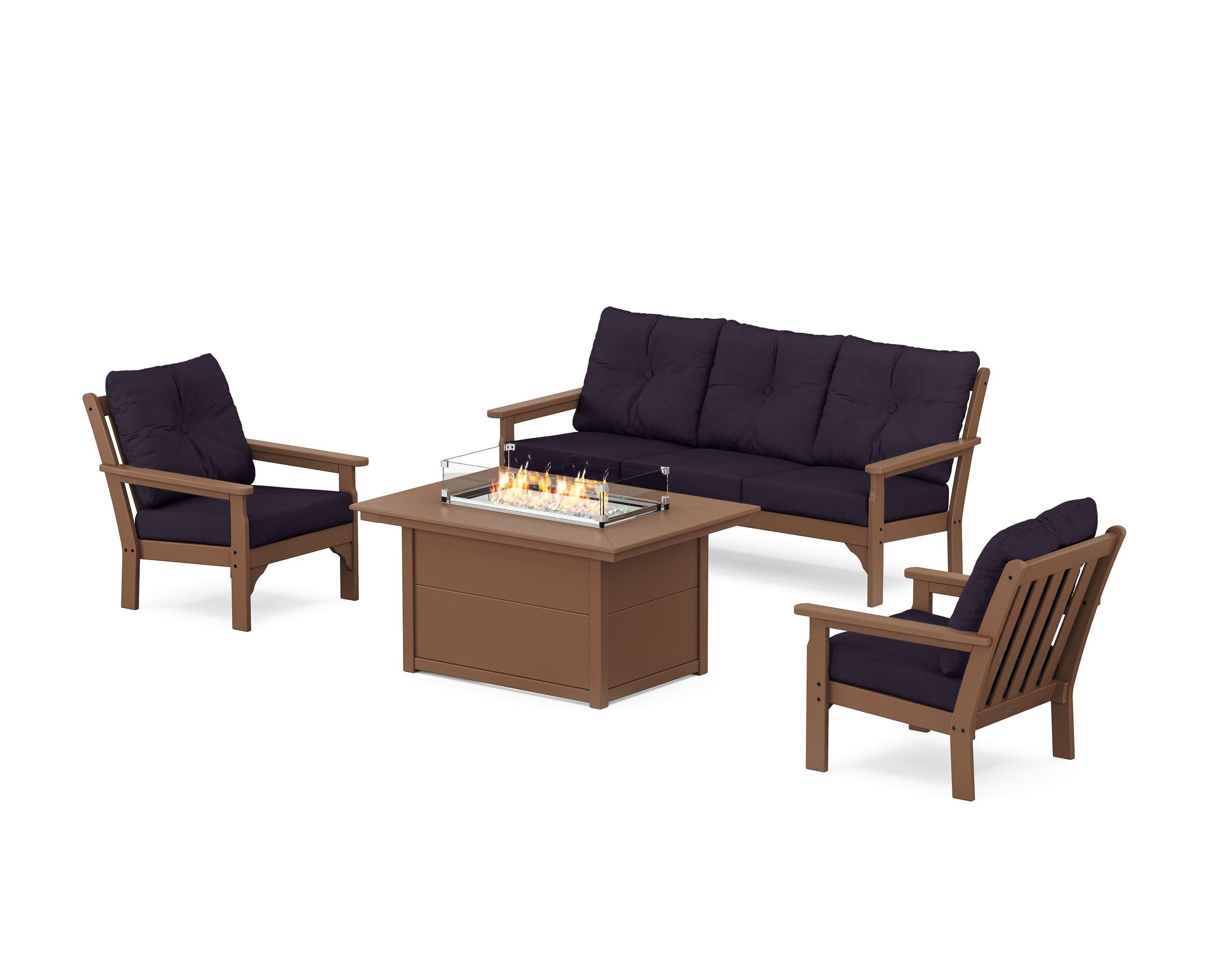 POLYWOOD® Vineyard Deep Seating Fire Pit Table Set in Teak / Navy Linen