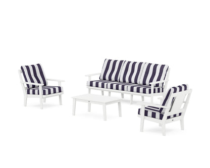 POLYWOOD® Prairie 4-Piece Deep Seating Set with Sofa in White / Cabana Stripe Navy
