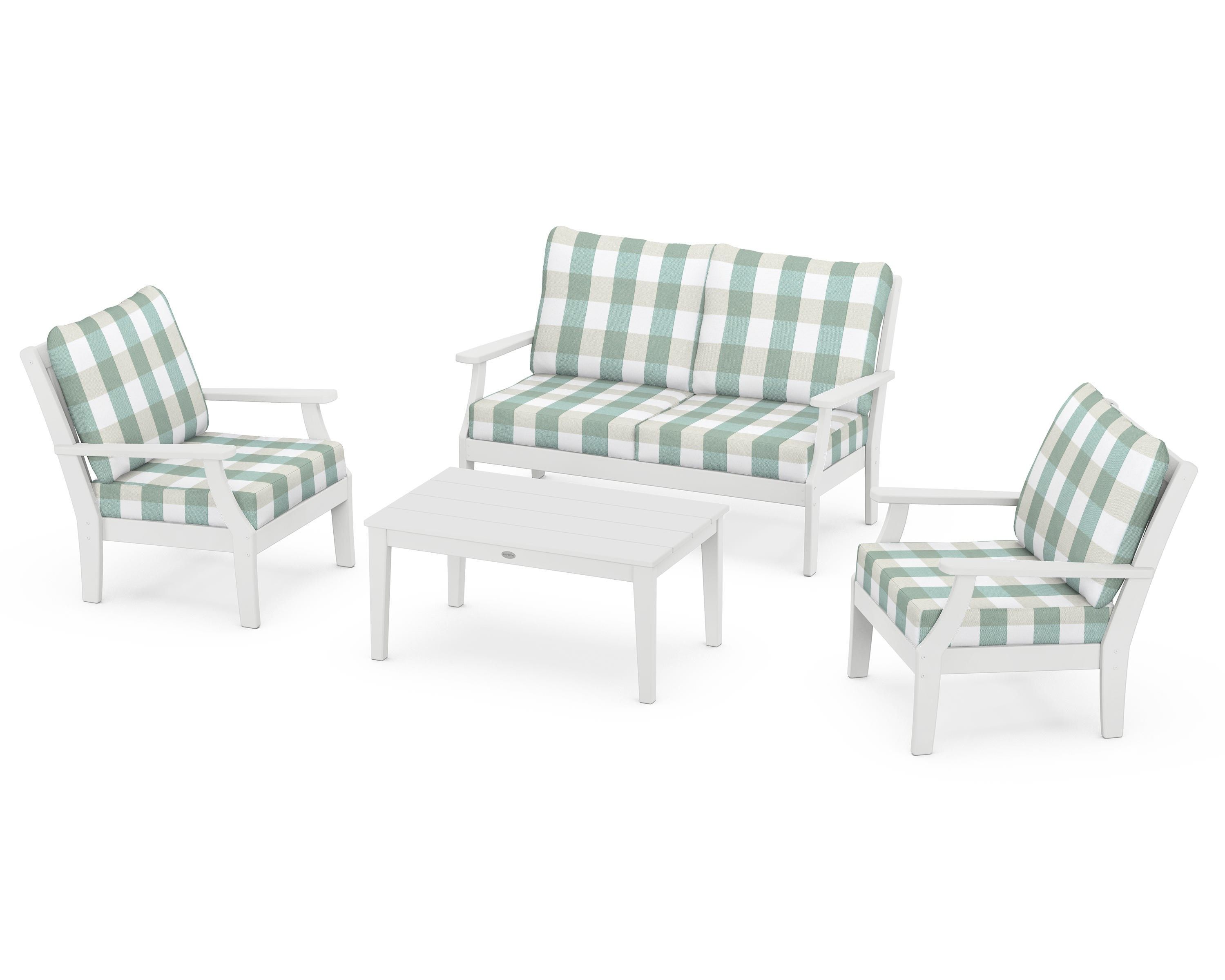 POLYWOOD® Braxton 4-Piece Deep Seating Chair Set in White / Buffalo Plaid Glacier Spa