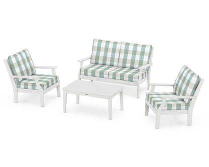 POLYWOOD® Braxton 4-Piece Deep Seating Chair Set in White / Buffalo Plaid Glacier Spa