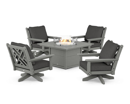 POLYWOOD® Chippendale 5-Piece Deep Seating Swivel Conversation Set with Fire Pit Table in Slate Grey / Spectrum Carbon