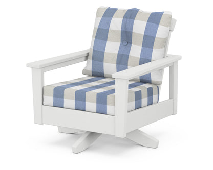POLYWOOD® Prescott Deep Seating Swivel Chair in White / Buffalo Plaid Sky Blue