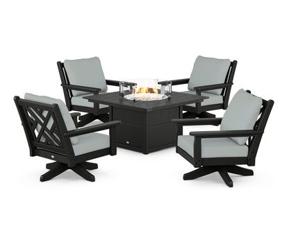 POLYWOOD® Chippendale 5-Piece Deep Seating Swivel Conversation Set with Fire Pit Table in Black / Spa