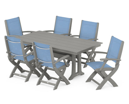 POLYWOOD® Coastal Folding Arm Chair 7-Piece Farmhouse Dining Set with Trestle Legs in Slate Grey / Poolside Sling