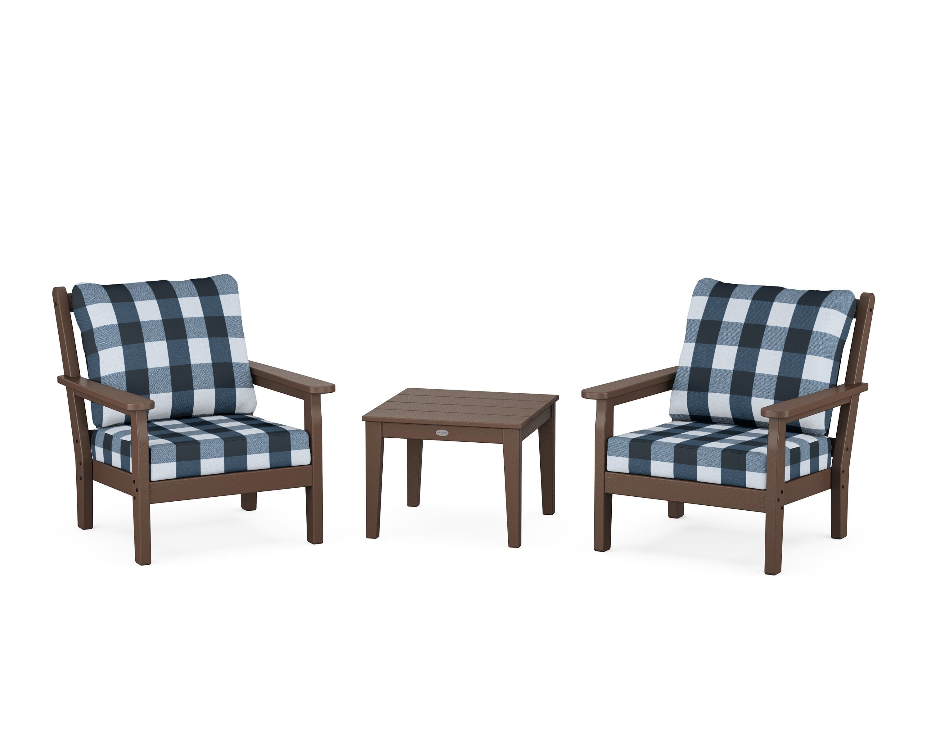 POLYWOOD® Chippendale 3-Piece Deep Seating Set in Mahogany / Buffalo Plaid Marine Indigo