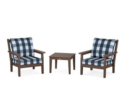 POLYWOOD® Chippendale 3-Piece Deep Seating Set in Mahogany / Buffalo Plaid Marine Indigo